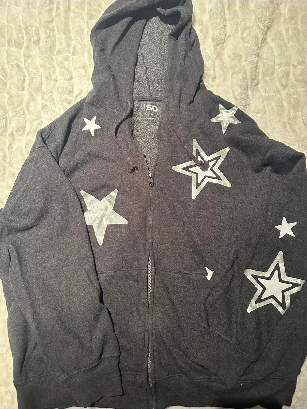 SO Black Zip-Up Hoodie with Silver Star Appliques